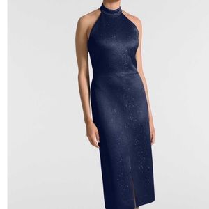 St John Sequined Birdseye Halter Neck Blue dress